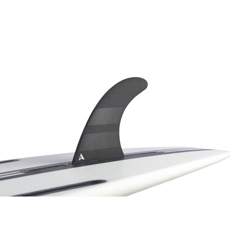 ROAM Surfboard mit Single Finne US Box, weiße und graue Oberseite, schwarze Finne, Seitenansicht