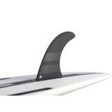 ROAM Surfboard mit schwarzer Single Finne, US Box System, Seitenansicht auf weißem Hintergrund