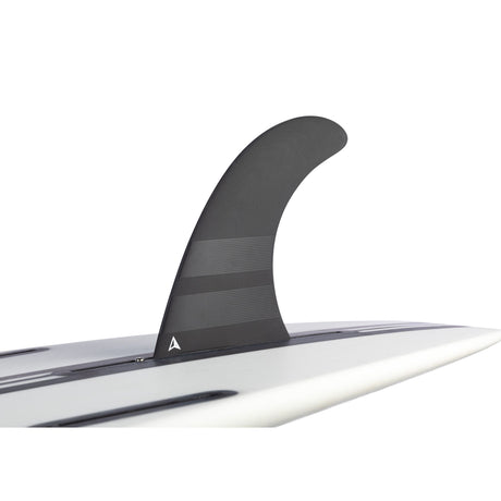 ROAM Surfboard mit schwarzer Single Finne, US Box System, Seitenansicht auf weißem Board