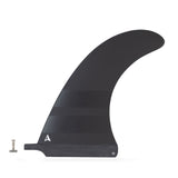 ROAM Surfboard Single Finne US Box, schwarze Flosse mit Rillenstruktur, Seitenansicht mit Befestigungszubehör