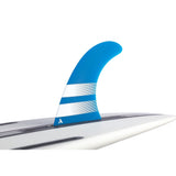 ROAM Surfboard mit blauer Single Finne, US Box System, weiße und graue Oberseite, Seitenansicht