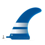 ROAM Surfboard Single Finne US Box, blau-weiße Flosse mit Streifen, Seitenansicht, inklusive Befestigungszubehör