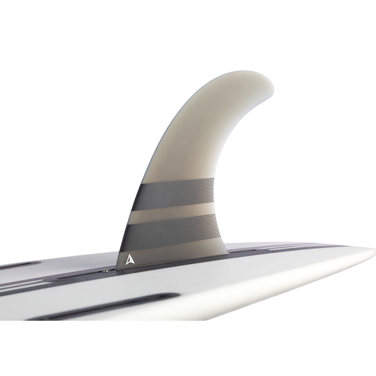 ROAM Surfboard mit weißer Single Finne, US Box System, grauer Flosse mit Rillen, seitliche Ansicht
