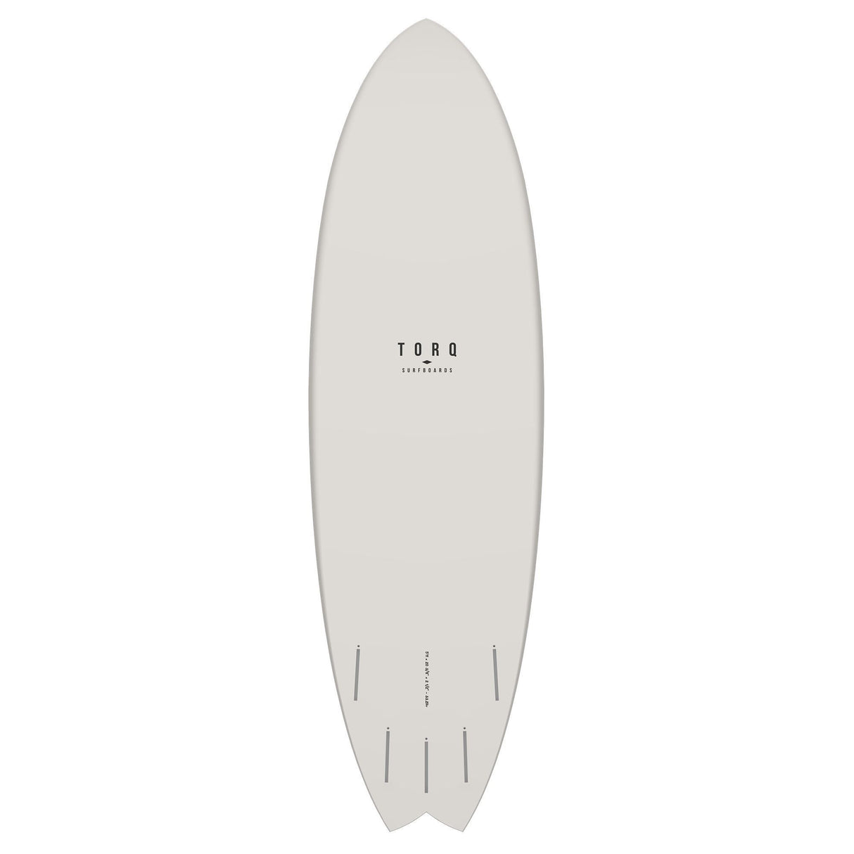 Torq TET MOD Fun & Fish Surfboard in Weiß, Draufsicht auf das vollständige Board mit abgerundetem Nose und Fish-Tail Design