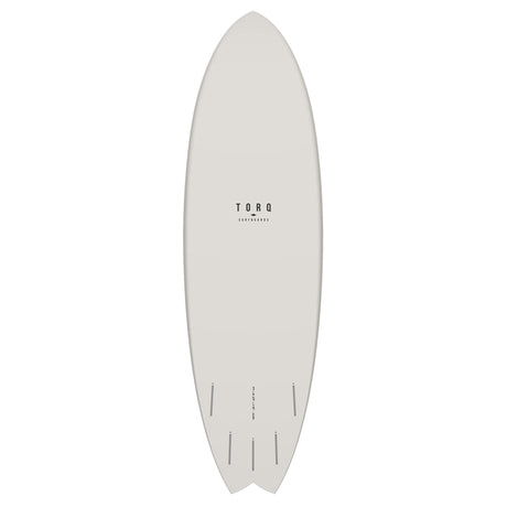 Torq TET MOD Fun & Fish Surfboard in Weiß, Draufsicht auf das vollständige Board mit abgerundetem Nose und Fish-Tail Design