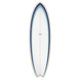 Torq TET MOD Fun & Fish Surfboard, weiß mit blauem Rand, Draufsicht, Fish-Form mit spitzem Nose und breitem Tail