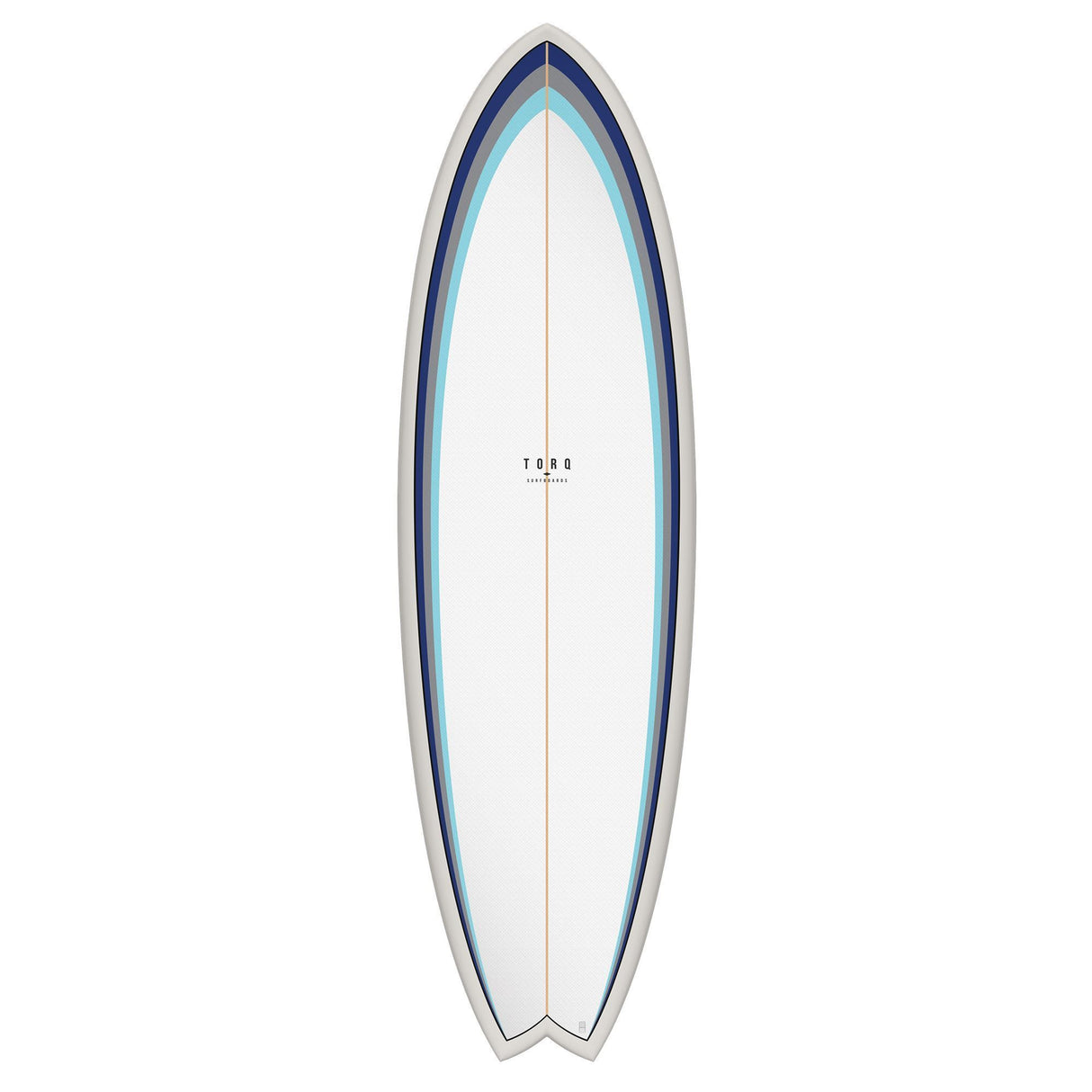 Torq TET MOD Fun & Fish Surfboard, weiß mit blauem Rand, Draufsicht, Fish-Form mit spitzem Nose und breitem Tail