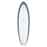 Torq TET MOD Fun & Fish Surfboard, weiß mit blauem Rand, Draufsicht, Fish-Form mit spitzem Nose und breitem Tail