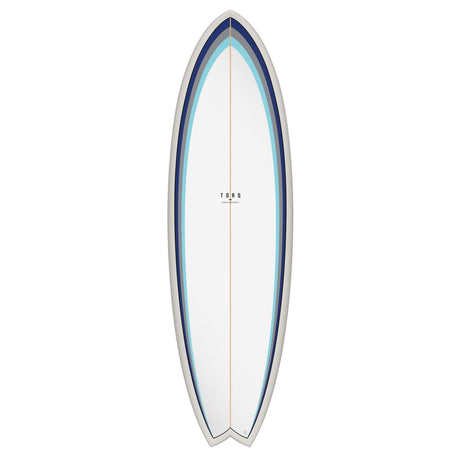 Torq TET MOD Fun & Fish Surfboard, weiß mit blauem Rand, Draufsicht, Fish-Form mit spitzem Nose und breitem Tail