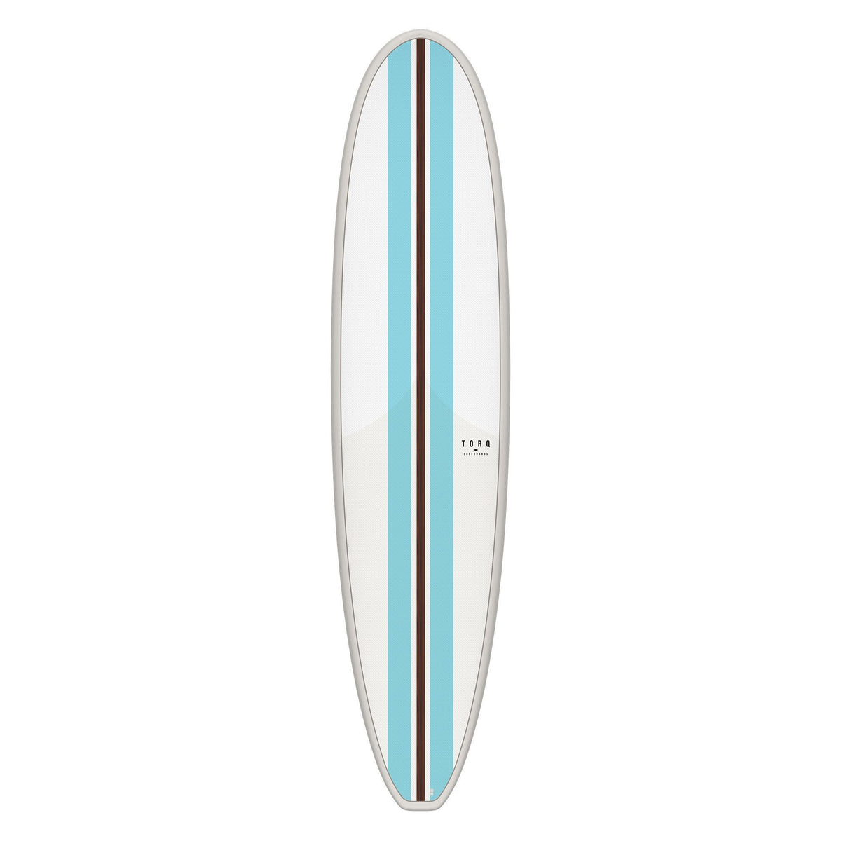 Torq TET Longboard in Weiß mit Türkis-Streifen, Draufsicht, Surfboard aus Polyester mit klassischer Longboard-Form
