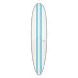Torq TET Longboard in Weiß mit Türkis-Streifen, Draufsicht, Surfboard aus Polyester mit klassischer Longboard-Form