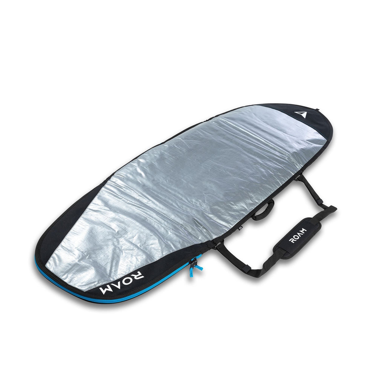 ROAM Surfboard Daylight Fish PLUS, Silber-Blau mit schwarzen Griffen, Schutztasche mit Tragegurt, Draufsicht