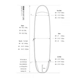 ROAM Surfboard Daylight Long PLUS, weiß, Draufsicht mit Abmessungen und Gewichtsspezifikationen
