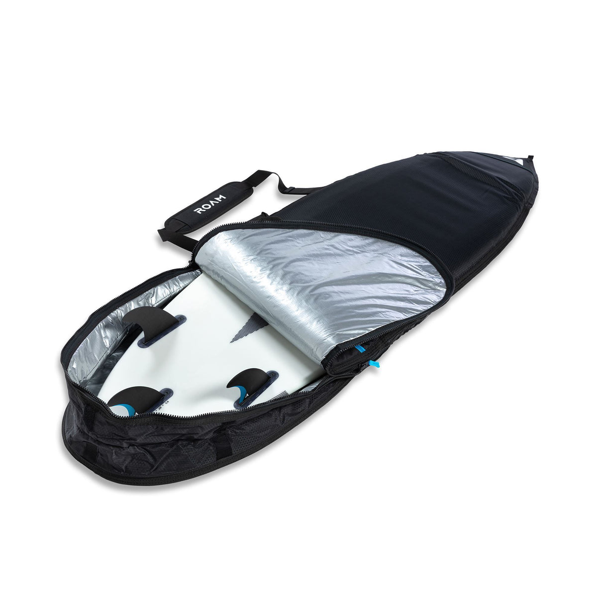 ROAM Surfboard Tech Bag Short PLUS, schwarz mit silbernem Innenfutter, geöffnet, Draufsicht, Transporttasche mit Griffen