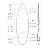 ROAM Surfboard Tech Bag Short PLUS Größentabelle mit Maßen und Gewichtsangaben für verschiedene Boardgrößen
