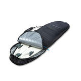 ROAM Tech Boardbag Funboard PLUS schwarz, geöffnet mit Surfboard, Draufsicht