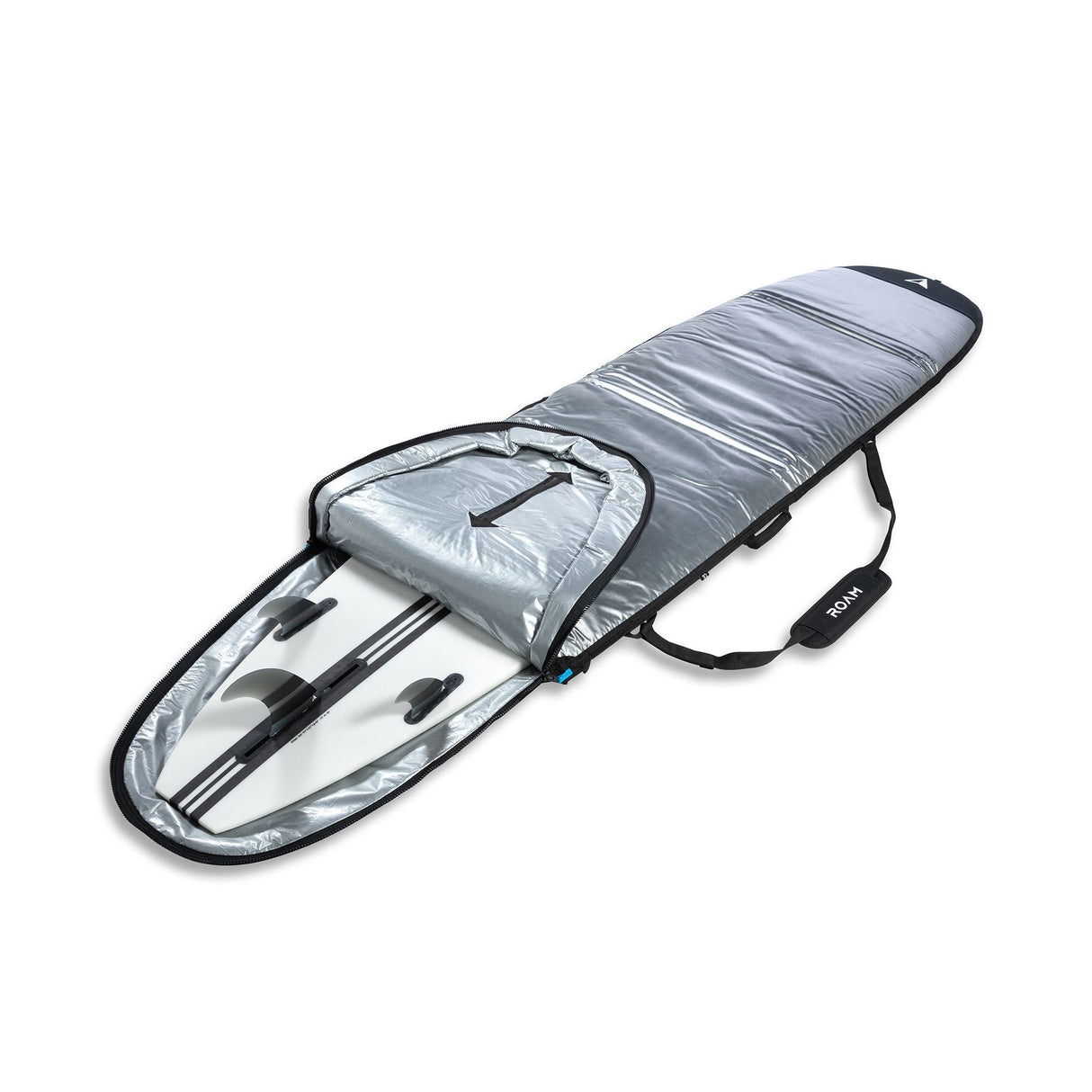ROAM Tech Boardbag Long PLUS, grau-schwarze Schutzhülle mit Tragegriffen, geöffnet von oben, Draufsicht