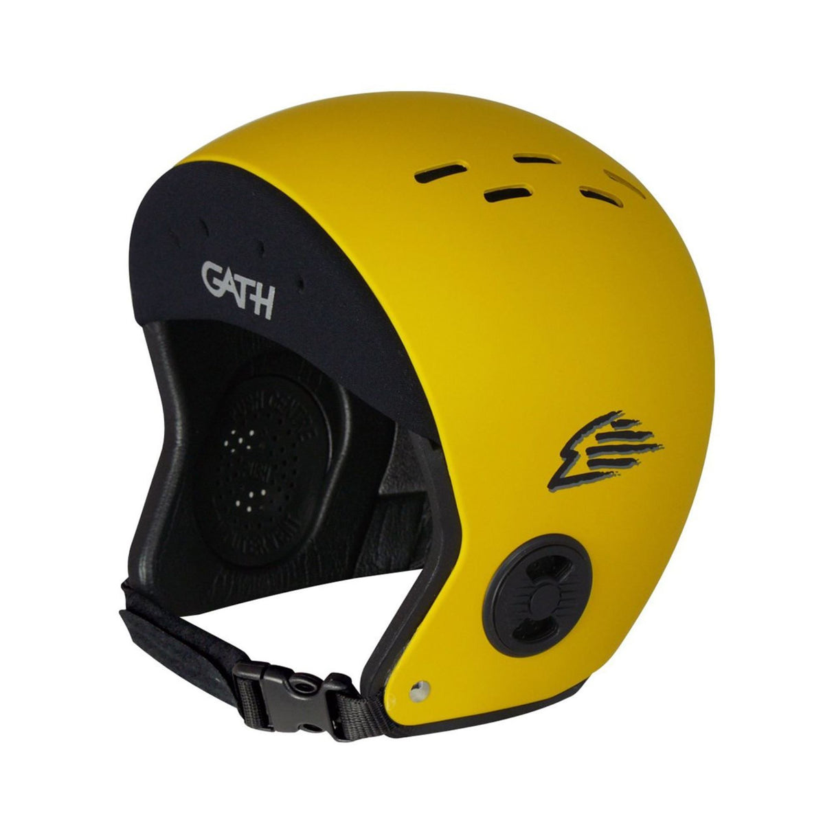 GATH Wassersport Helm Standard Hat NEO in Gelb mit schwarzem Innenfutter, Belüftungslöcher und Kinnriemen, Seitenansicht