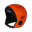GATH Wassersport Helm Standard Hat NEO in Orange mit schwarzem Innenfutter, Seitenansicht, Lüftungslöcher und Kinnriemen sichtbar