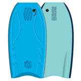 Sniper Bunch II EPS Bodyboard blau und mint, Draufsicht auf Ober- und Unterseite mit EPS-Schaum und Griffmulden