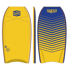 Sniper Bodyboard Vyrus PE Chevron in Gelb und Blau, PE-Material, mit Chevron-Muster, Draufsicht und Seitenansicht