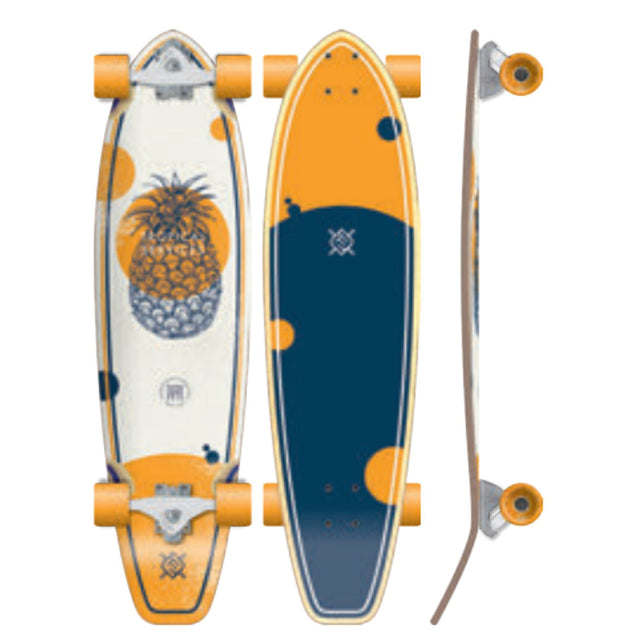 Flying Wheels Tropical Carving Skateboard mit Ananas-Motiv, orange Rollen, Draufsicht und Seitenansicht