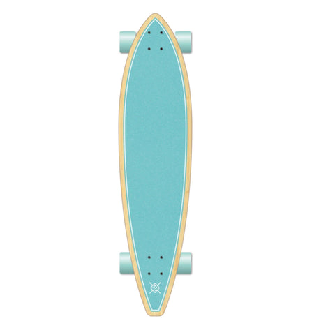 Flying Wheels Praise Gun Skateboard in Türkis mit hellen Kanten und blauen Rollen, Draufsicht