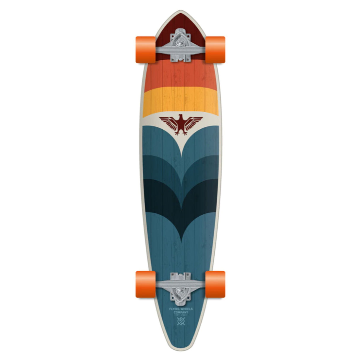 Flying Wheels Eagle Gun Skateboard mit mehrfarbigem Design, orange Rädern und Adler-Grafik, Draufsicht