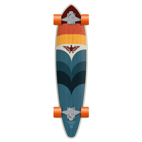 Flying Wheels Eagle Gun Skateboard mit mehrfarbigem Design, orange Rädern und Adler-Grafik, Draufsicht