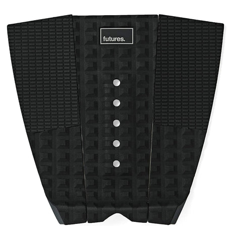 Futures Traction Pad Voodoo schwarzes Surfbrett-Grip-Pad mit strukturierter Oberfläche, weißen Befestigungspunkten und Futures-Logo, Draufsicht