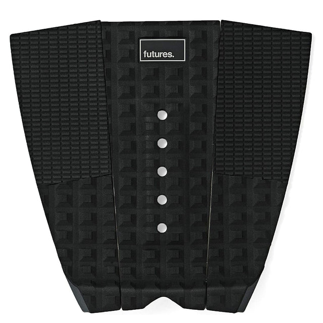 Futures Traction Pad Voodoo schwarzes Surfbrett-Grip-Pad mit strukturierter Oberfläche, weißen Befestigungspunkten und Futures-Logo, Draufsicht
