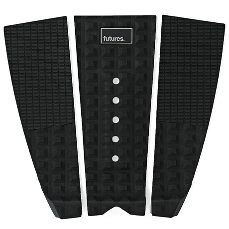 Futures Traction Pad Voodoo, schwarzes Surfboard-Grip-Pad mit strukturierter Oberfläche und weißen Befestigungspunkten, dreiteiliges Design, Aufsicht
