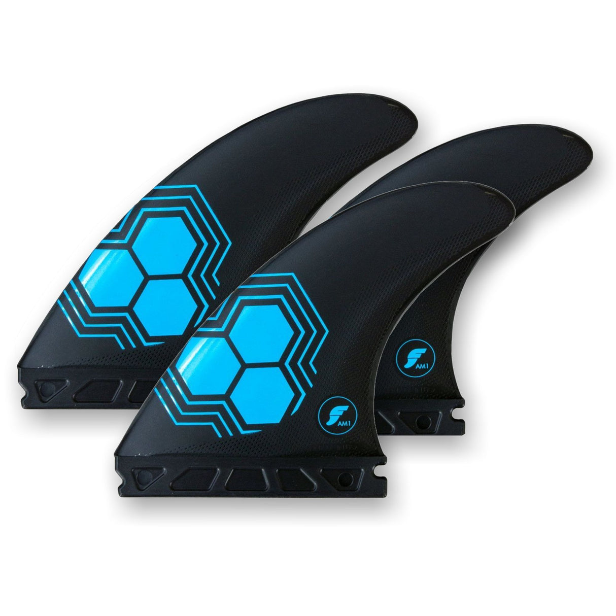 Futures AM1 Alpha Thruster Finnen schwarz mit blauem Hexagon-Design, drei Flossen aus Kunststoff, Draufsicht