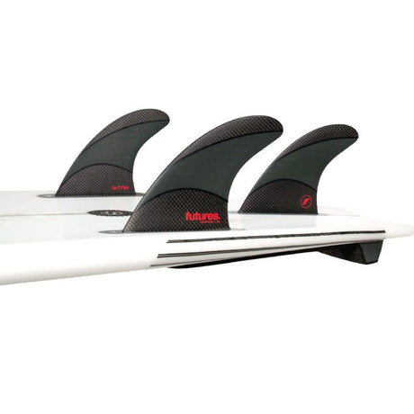 Futures Eric Arakawa Techflex Thruster Finnen schwarz auf weißem Surfboard, Seitenansicht