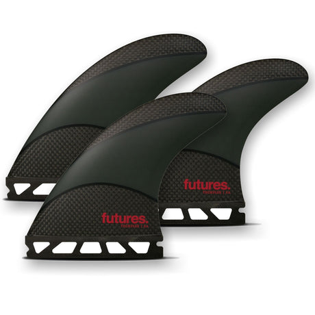 Futures Eric Arakawa Techflex Thruster Finnen Set, schwarze Surffinnen mit Textil-Details, Draufsicht