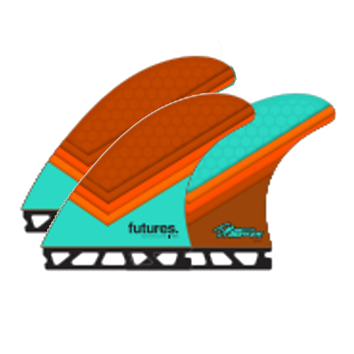 Futures Timmy Patterson TP1 Thruster Finnen, Türkis-Orange, Seitenansicht dreier Surffinnen mit schwarzen Boxen
