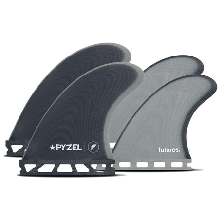 Futures Pyzel Padillac Control Quad Finnen Set, schwarz und grau, vier Surfflossen mit Kunststoffbasis, Frontansicht