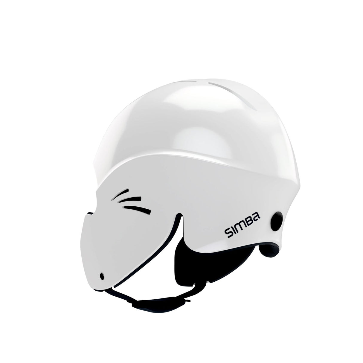 Simba Sentinel Wassersport Helm in Weiß mit schwarzem Kinnriemen, Seitenansicht, modernes Design mit Belüftungslöchern