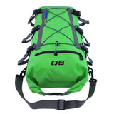 OverBoard wasserdichte SUP Kajak Tasche grün mit schwarzen Riemen, Draufsicht, robuster Trockensack für Wassersport