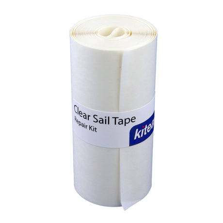 KiteAid Clear Sail Repair Tape Kit, transparentes Klebeband auf Rolle, Frontansicht des weißen Produkts