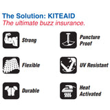 KiteAid Leading Edge & Strut Reload Kit Reparaturset mit Produkteigenschaften Icons für Robustheit, Flexibilität und Haltbarkeit