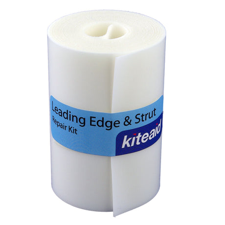 KiteAid Leading Edge & Strut Reload Kit, weiße Reparaturrolle aus Kunststoff mit blauem Produktband, Frontalansicht