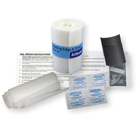 KiteAid Leading Edge & Strut Reload Kit mit weißen Reparaturmaterialien, schwarzem Tuch, Anleitung und Kleber-Päckchen
