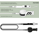 MDNS Surfboard Leash mit schwarzem Polyurethan-Cord, drehbarem Swivel-Anschluss und abnehmbarer Manschette, Detailansicht