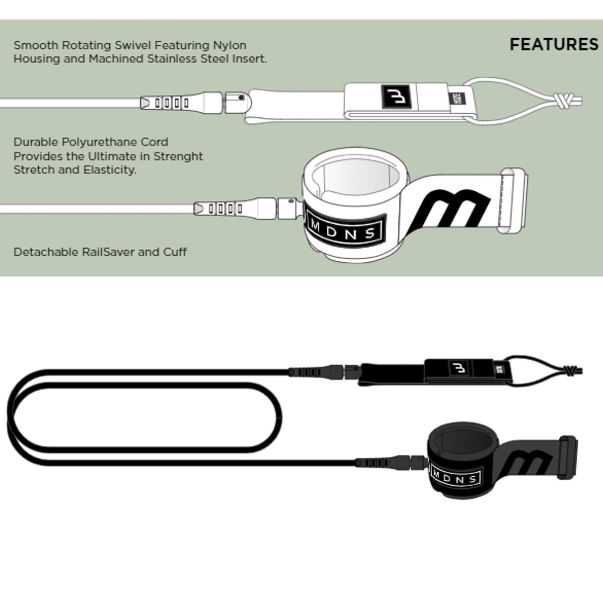 MDNS Surfboard Knie-Leash weiß-schwarz mit Polyurethan-Schnur, drehbarem Wirbel und abnehmbarer Manschette