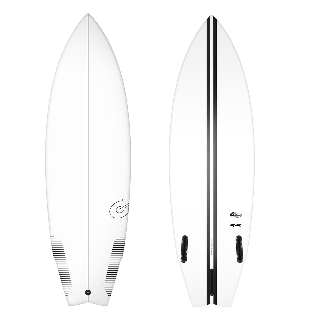 Torq TEC RVR River Surfboard weiß, Draufsicht von oben und unten, mit schwarzem Mittelstreifen und Finnen