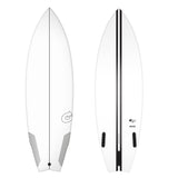 Torq TEC RVR River Surfboard weiß, Draufsicht von oben und unten, mit schwarzem Mittelstreifen und Finnen