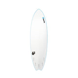 Torq Mod Fish Softboard in Weiß mit blauer Kante, Draufsicht des Shortboards mit Fish-Form und Fin-Slots