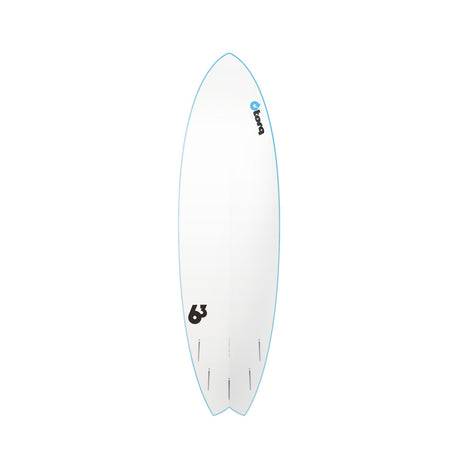Torq Mod Fish Softboard in Weiß mit blauer Kante, Draufsicht des Shortboards mit Fish-Form und Fin-Slots