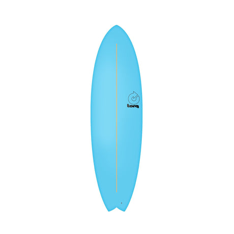 Torq Mod Fish Softboard in Hellblau, Frontalansicht, mit Torq-Logo und Mittelstreifen